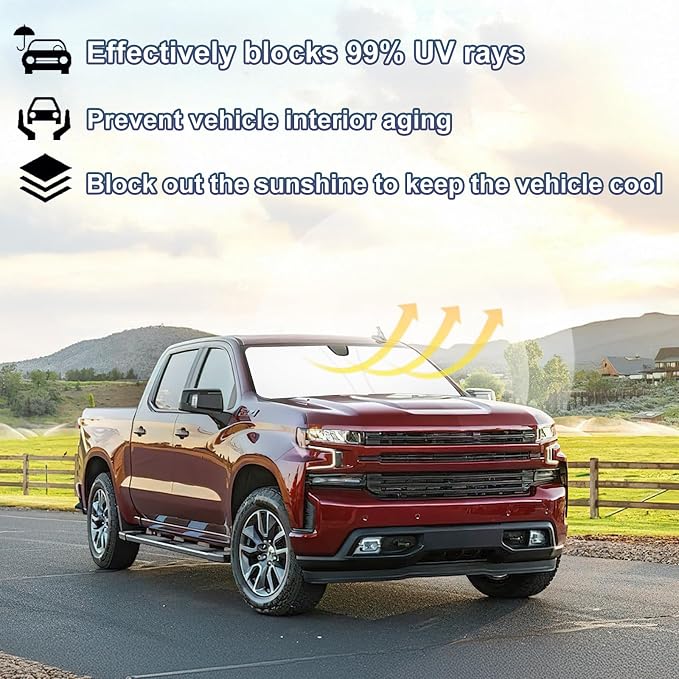 Windshield Sun Shade for 2019-2022 Chevy Silverado/GMC Sierra 1500, 2020-2023 Silverado/Sierra 2500HD 3500HD Foldable Front Window Sunshade UV Heat Block Full Coverage
