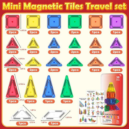 ORZbb Travel Mini Magnetic Tiles with Case Toddler Road Trip Essentials Set, Magnetic Blocks Building Toys for 3+ Year Old Boys Girls Preschool Montessori Sensory Learning Birthday Gifts