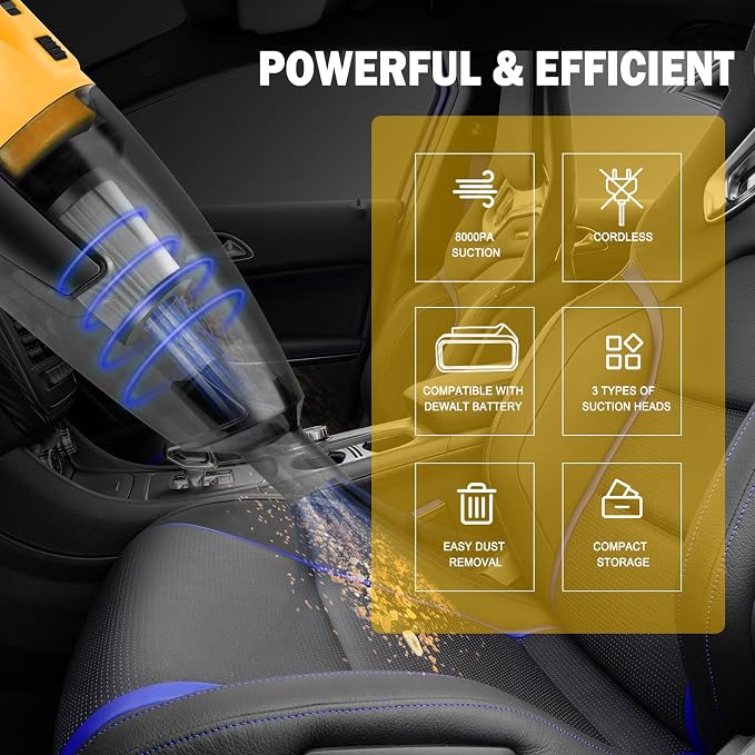Cordless Vacuum Cleaner Compatible with DEWALT 20V Battery (Battery NOT Included), Handheld Vacuum for Home, Boat, Workshop, Car, Pet Hair, Furniture-Tool Only