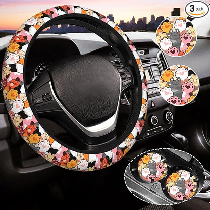 Cute Paw Print Steering Wheel Cover for Women, Universal Auto Steering Wheel 14-15 Inch Car Interior Accessories with 2PCS Car Coasters, Suitable for Men and Women