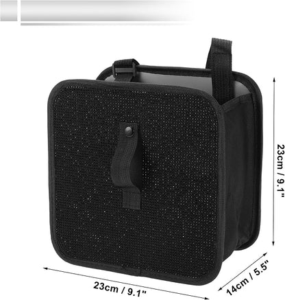 1 Pcs Universal Car Trash Can Hanging 9.1" Length 5.5" Width 9.1" Height Trash Bin Black Fabric Rhinestone