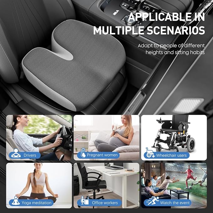Adult Car Booster Seat Cushion - Memory Foam Car Seat Wedge Cushion - Coccyx Cushion for Tailbone Pain - Driver Seat 3 Inch Height Boost Cushion - for Cars, Trucks, Home & Office Chairs, Grey