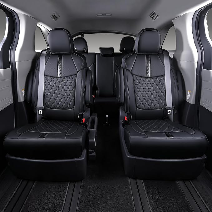 Custom Fit Sienna Seat Covers for 2021-2026 Toyota Sienna 7-Passenger XLE XSE Woodland Limited Platinum [Ottoman Not Covered], Waterproof Faux Leather Full Set Airbag Compatible (Black)