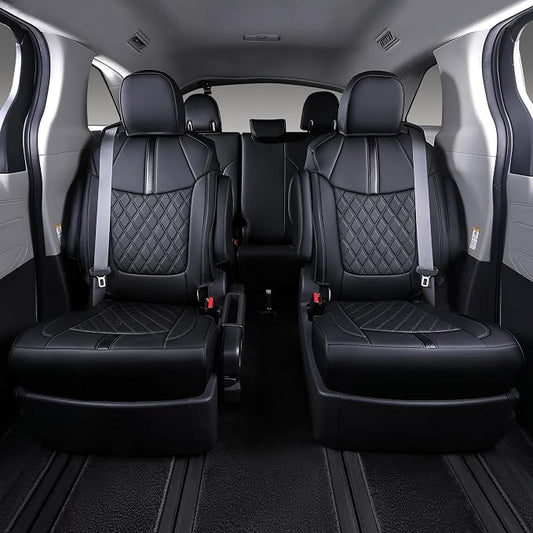 Custom Fit Sienna Seat Covers for 2021-2026 Toyota Sienna 7-Passenger XLE XSE Woodland Limited Platinum [Ottoman Not Covered], Waterproof Faux Leather Full Set Airbag Compatible (Black)