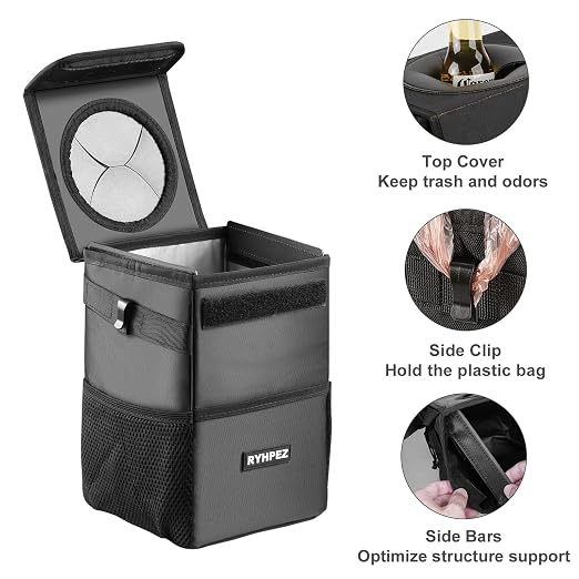 Ryhpez Car Trash Can with Lid - Leakproof Trash Bin Car Garbage Can, Collapsible Automotive Truck Organizer and Storage Bag Car Accessories for Women Men Road Trip Essentials