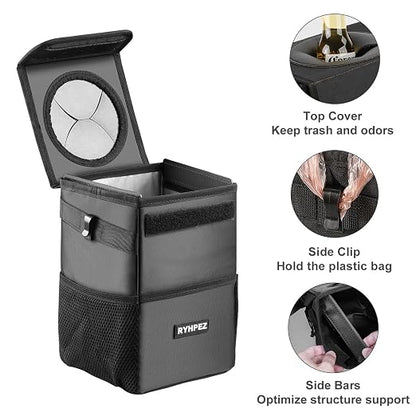 Ryhpez Car Trash Can with Lid - Leakproof Trash Bin Car Garbage Can, Collapsible Automotive Truck Organizer and Storage Bag Car Accessories for Women Men Road Trip Essentials