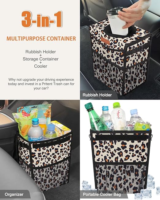 Pritent Car Trash Can with Lid, Cute Leakproof Car Trash Garbage Bag Hanging Vehicle Trash Bin Small Portable Automotive Garbage Cans Organizer for Back/Front Seat/Console(2.8 gal,Leopard