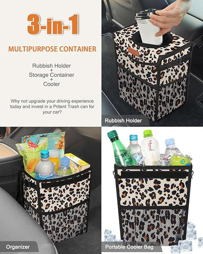 Pritent Car Trash Can with Lid, Cute Leakproof Car Trash Garbage Bag Hanging Vehicle Trash Bin Small Portable Automotive Garbage Cans Organizer for Back/Front Seat/Console(2.8 gal,Leopard