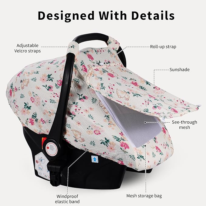 Rquite Car Seat Cover Baby, Carseat Covers Girl Boy, Breathable Muslin Cotton, Large Mesh Window, Infant Car Seat Canopy Baby Carrier Cover Stroller Sun Shade for Summer & Hot Day