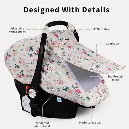 Rquite Car Seat Cover Baby, Carseat Covers Girl Boy, Breathable Muslin Cotton, Large Mesh Window, Infant Car Seat Canopy Baby Carrier Cover Stroller Sun Shade for Summer & Hot Day