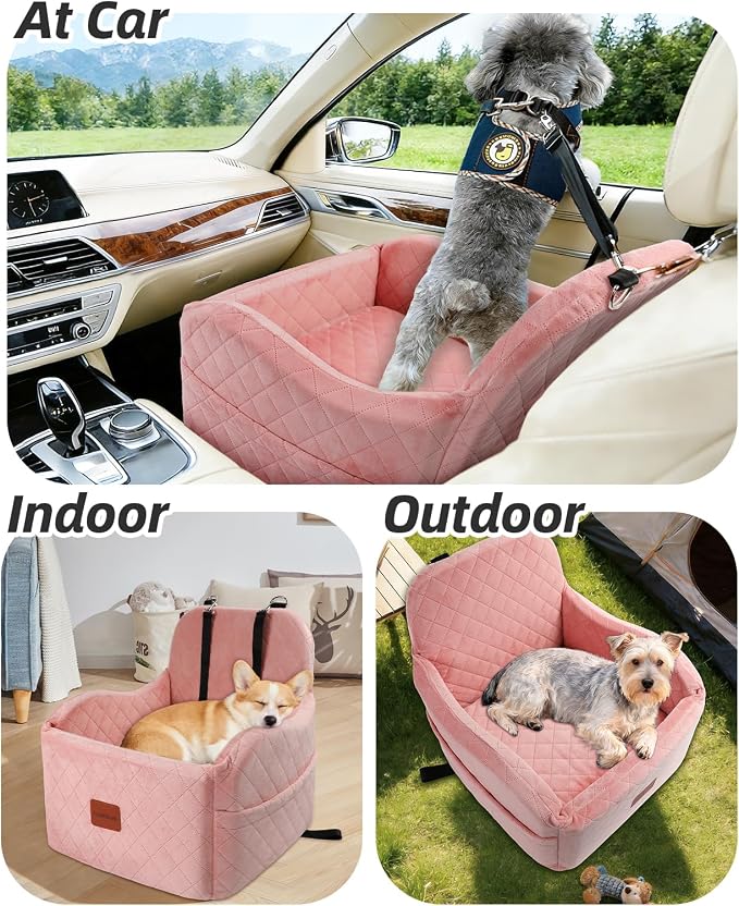 Lealchum Dog Booster Car Seat for Small/Medium Dogs,Soft Puppy Portable Car Seat with Elevated Cushion,Fits in Front/Back Seat,Fully Detachable and Washable,Easy to Install (Pink, Medium)