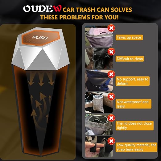 Car Trash Can with Lid - 1-Pack, Interior Accessories for Vehicles, Leakproof Garbage Can with 30 Detachable Trash Bags, Multipurpose Organizers and Storage Solutions for Home and Office
