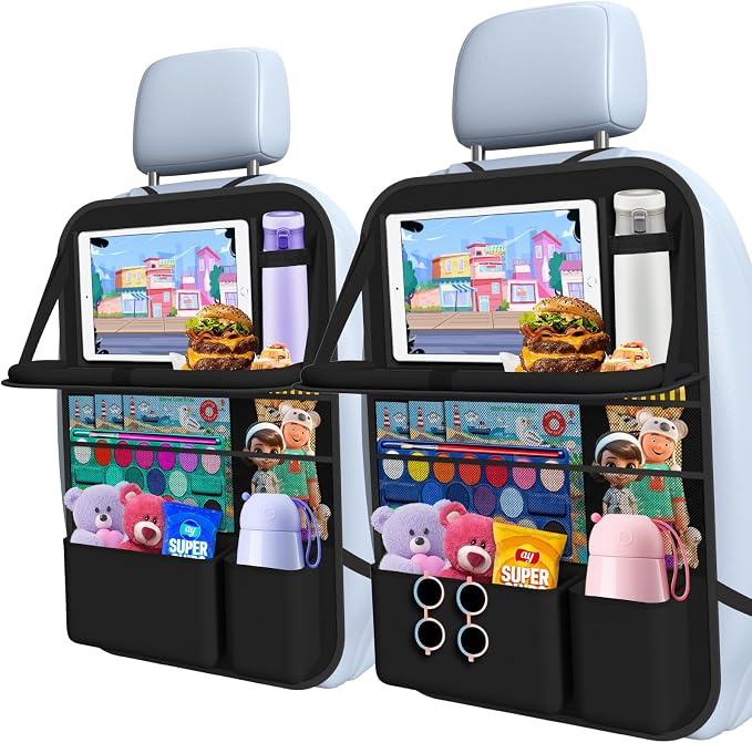 Car Backseat Organizer with table Tray(1Pack) 9 Storage Pockets Backseat Car Organizer with Tablet Holder, Back seat Organizer for Kids Road Trip Essentials Travel