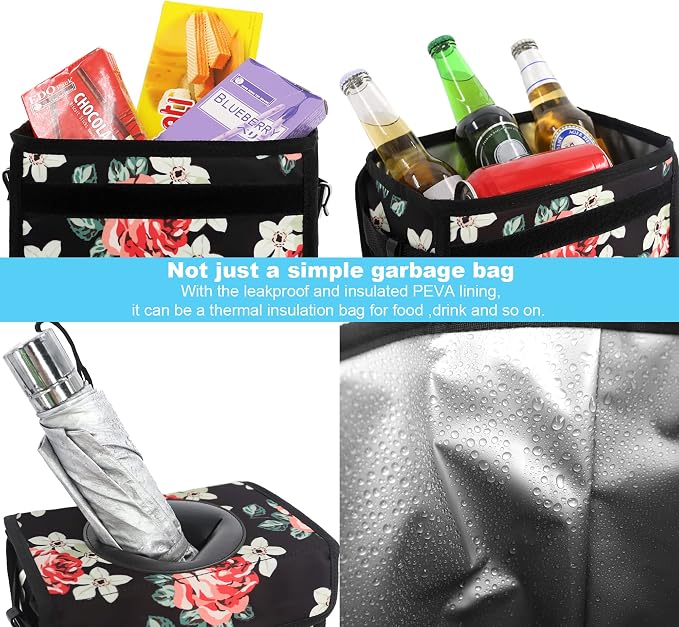 Femuar Car Trash Can Leak Proof Car Trash Bag Waterproof Car Garbage Can with Lid Collapsible and Portable with Storage Pocket, Large/Flower, 3 Gallons