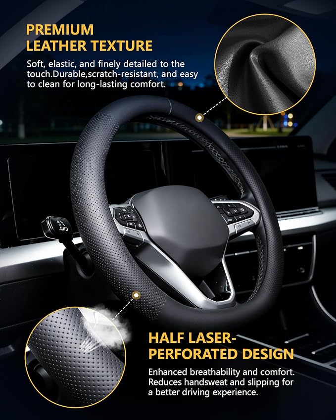 Leather Car Steering Wheel Cover, Premium Nappa Leather with Anti-Slip Lining, Universal 15 Inch, Fits SUVs, Vans, Sedans, Trucks