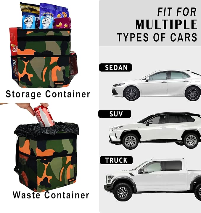 SIBOFUEGO Cute Car Trash Can with Lid – Multipurpose Collapsible Trash Bin for Car, Leak-Proof Organizer, Waterproof Garbage Can with Storage Pockets & Adjustable Straps, 2 Gallons (Camo Orange)