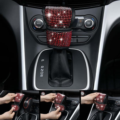 CAR PASS 11 PCS Bling Red Steering Wheel Cover Set for Women, Sparkly Rhinestone Diamond Bling Seat Belt Cushion, Glitter Shift Knob Cover, Car Cup Holder Coaster, Cute Interior Sets Red 14.5"-15"