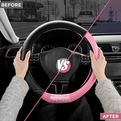 Road Comforts Steering Wheel Cover - Flat Bottom Wheel Cover Made with PVC Leather and Leopard Fabric - Universal Fit for 15-Inch D-Shaped Automotive Steering Wheels (All Pink)