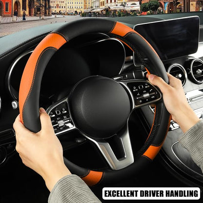 Leather Steering Wheel Cover, Breathable, Anti Slip & Odor Free, Black and Orange