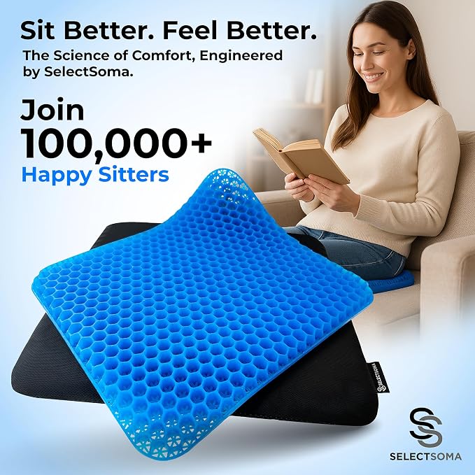 SelectSoma Double-Thick Gel Seat Cushion for Long Sitting Pressure Relief for Back, Sciatica, Coccyx, Tailbone Pain - Cushion for Airplane Travel, Office Chair, Wheelchair, Car & Truck - Egg Seat Pad