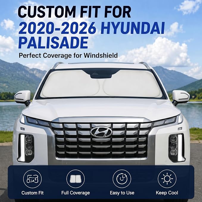 Custom Fit Windshield Sun Shade for Hyundai Palisade 2020-2026 | Custom Fit Windshield Cover, Blocks UV Rays, Double-Layer Heat Shield, Durable Frame, Easy Fold & Storage