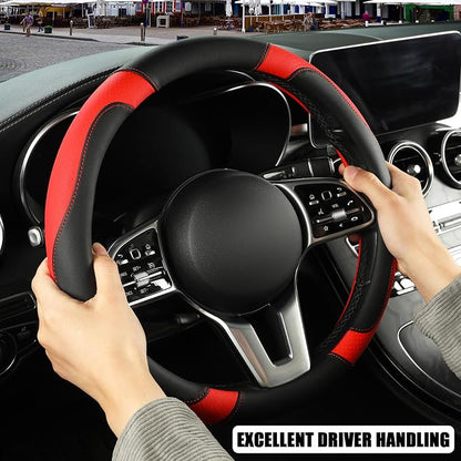 Microfiber Leather Steering Wheel Cover, Breathable, Anti Slip, 13.5 inch to 14 inch, Black with Red