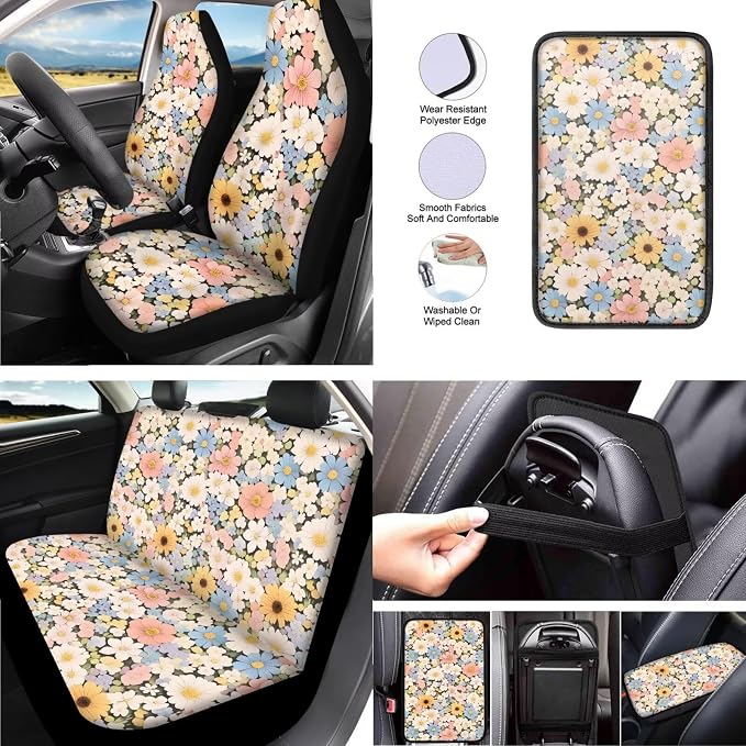 Daisy 13 Pcs Car Seat Covers Full Set, Colorful Flower Field Auto Front and Rear Bench Seat Protector, Countryside Steering Wheel Sleeve Auto Armrest Cover