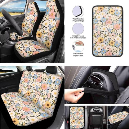 Daisy 13 Pcs Car Seat Covers Full Set, Colorful Flower Field Auto Front and Rear Bench Seat Protector, Countryside Steering Wheel Sleeve Auto Armrest Cover