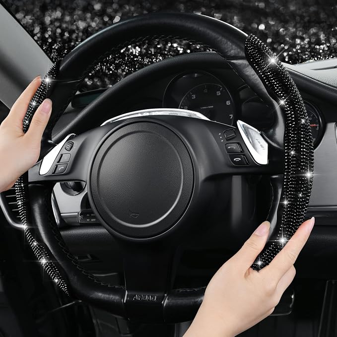 CAR PASS 2PCS Bling Diamond Segmented Steering Wheel Cover with Crystal Rhinestones, Wheel Protector Non-Slip Cute Car Accessories Universal Fit D-Shape O-Shape 14.5" to 16" for Women, Black Diamond