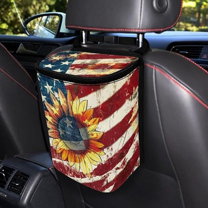 Sunflower American Flag Print Car Trash Can with Lid Car Accessories for Men Women Trash Bin Hanging Back of Seat Collapsible Leak Proof Multipurpose Vehicle Garbage Can