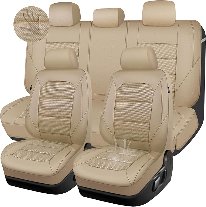 CAR PASS Memory 3D Foam Car Seat Covers Full Set, Breathable Mesh Thick Seat Covers for Cars,Beige Leather Seat Covers,Airbag Compatible Universal Automotive Comfort for SUVs Trucks SUV, All Beige