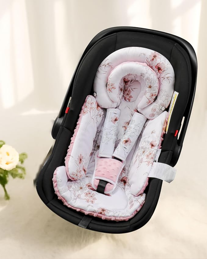 BOMOLOUR Infant Car Seat Insert with Removable Cushion for Baby Preemie Newborn Infant, Reversible carseat Insert Head Body Support Fits for Stroller, Baby Swing, Rocker, Bouncer, Bassinet - Pink