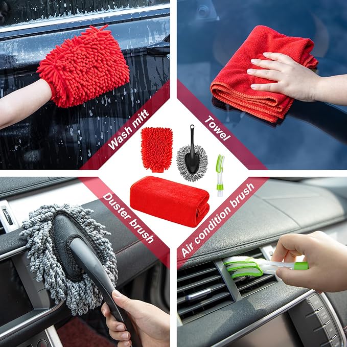 26Pcs Car Wash Cleaning Kit with Foam Gun Sprayer Detailing Brushes Window Water Scraper Tire Brush Towels Complete Interior Exterior Detailing Set for Car