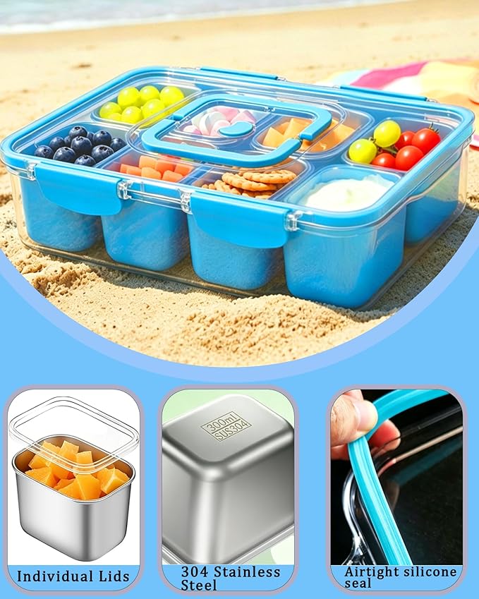 Snackle Box Container, Stainless Steel Divided Serving Tray with Lid and Handle, Large Snack Tray for Fruit Veggie Candy, 8-Compartment Snack Platter for Travel Beach Picnic,with Blue Silicone Sleeve