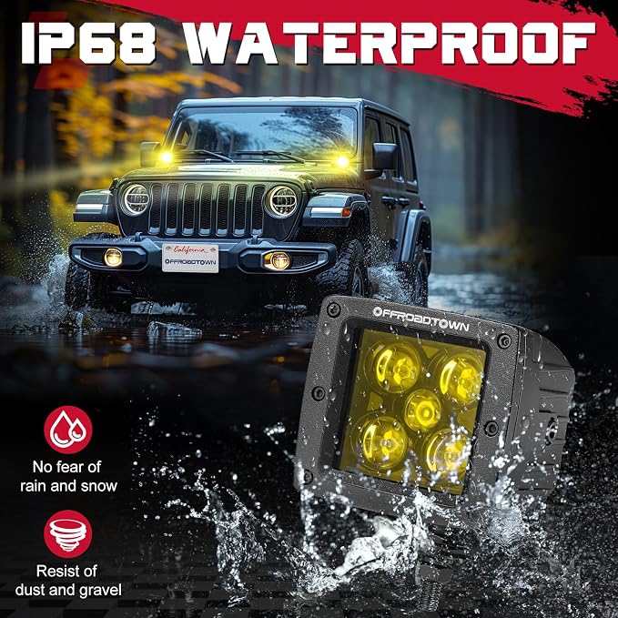 OFFROADTOWN LED Cubes 3" 100W CREE Yellow LED Pods with Wiring Harness & Cover Spot Beam Off Road Driving Ditch Lights Amber Fog Lights for Trucks UTV ATV SUV Motorcycle Boat