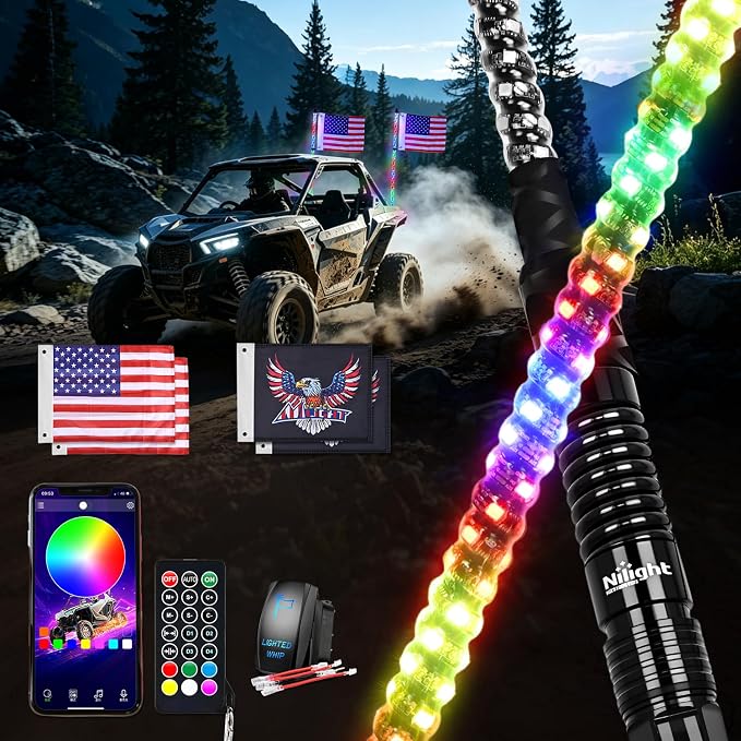Nilight LED Whip Light 2PC 4FT Spiral RGB Antenna Whips with Spring Base, App/Remote Control DIY Chasing Patterns Brake & Reverse Turn Signal Lights for Side by Side ATV UTV RZR Can-Am Buggy Jeep