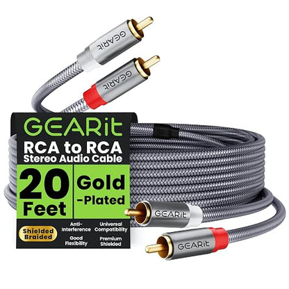 GEARit RCA Cables Car Audio 20ft, Oxygen Free Copper RCA Cables with Dual Shielding & Gold-Plated Connectors, Audio Cable for Subwoofer Cable, Hi-Fi System, Amplifier, Active Speakers, Gaming Consoles