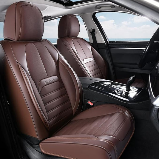 Car Seat Covers Full Set, Brown Seat Covers for Cars, Automotive Seat Covers, Waterproof Nappa Leather Front Seats and Back Car Seat Protector, Universal Fit for Most Cars SUV Trucks