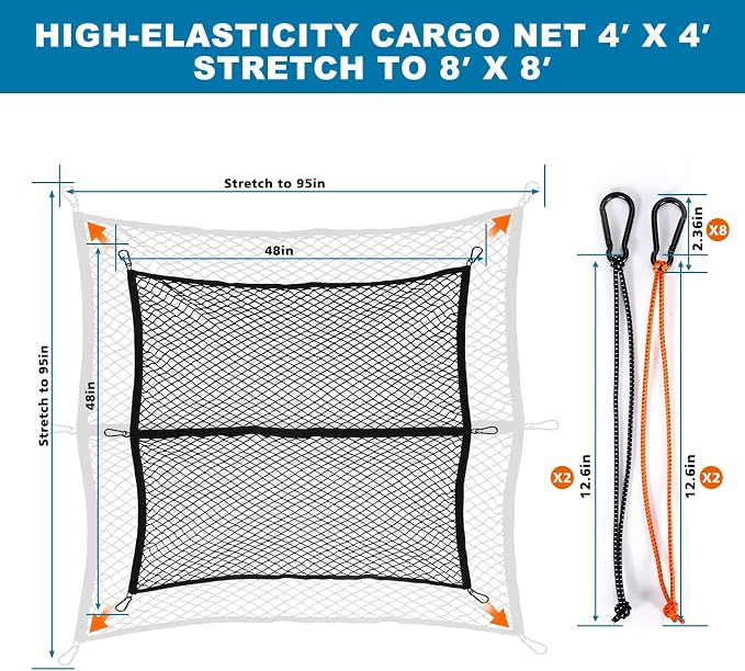 Cargo Net for Pickup Truck Bed, Highly Elastic Truck Bed Cargo Net, 4' X 4' Stretchable to 8' X 8', Cargo Mesh Organizer, for Daily Light Loads of Trucks