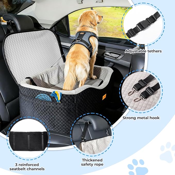 Dog Car Seat for Large Dogs up to 55lbs or 2 Small Dogs with 4" Memory Foam, Back Seat Medium Pet Booster Seat with Triple Safety Belts, Adjustable Leashes, Detachable/Washable (Black/Gray, Large)