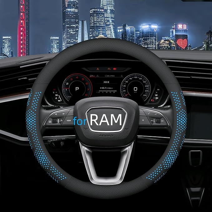 Yangday Leather Steering Wheel Cover for Dodge Ram 1500 2500 3500, 15.5-16 inches Car Steering Wheel Cover with Non-Slip Breathable (Blue)