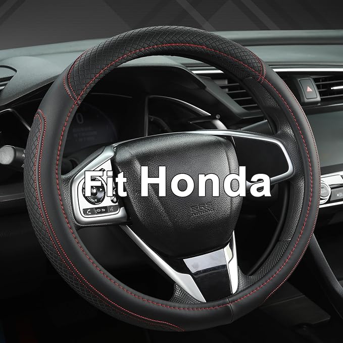 West Llama Customized Auto Car Steering Wheel Cover for Honda Accord Civic CR-V HR-V Pilot Fit Passport Odyssey 14.5-15inch(Black+Red Line-Standard Size)