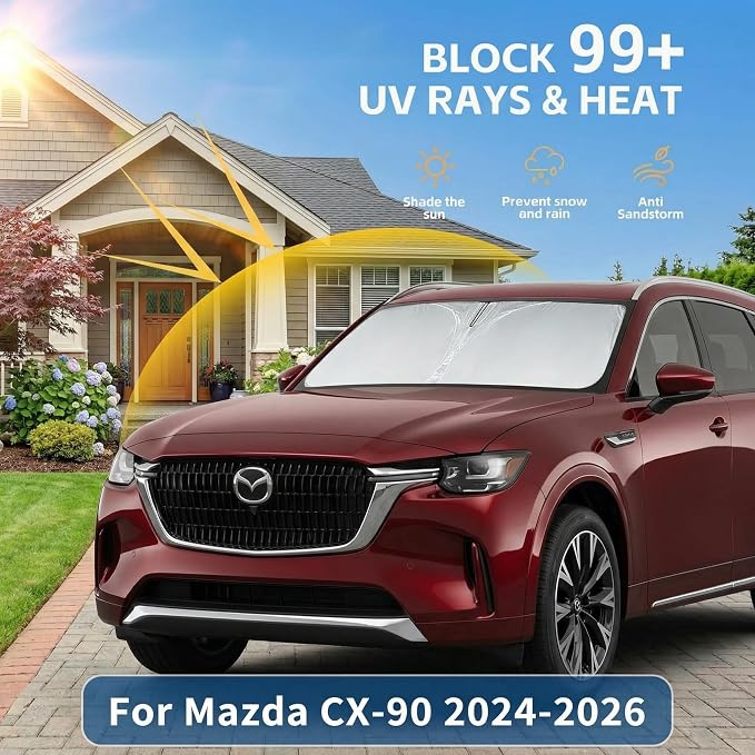 Windshield Sun Shade for Mazda CX-90 2024 2025 2026 Sunshade Front Window Shade Custom Fit CX90 Accessories Sun Visor Foldable Shade Blocks UV Rays Accessories