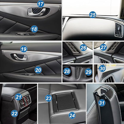 31PCS Real Carbon Fiber Interior Trim Kit Compatible with Infiniti Q50 2014-2024 & Q60 2017–2022, Interior Decor Sticker Accessories