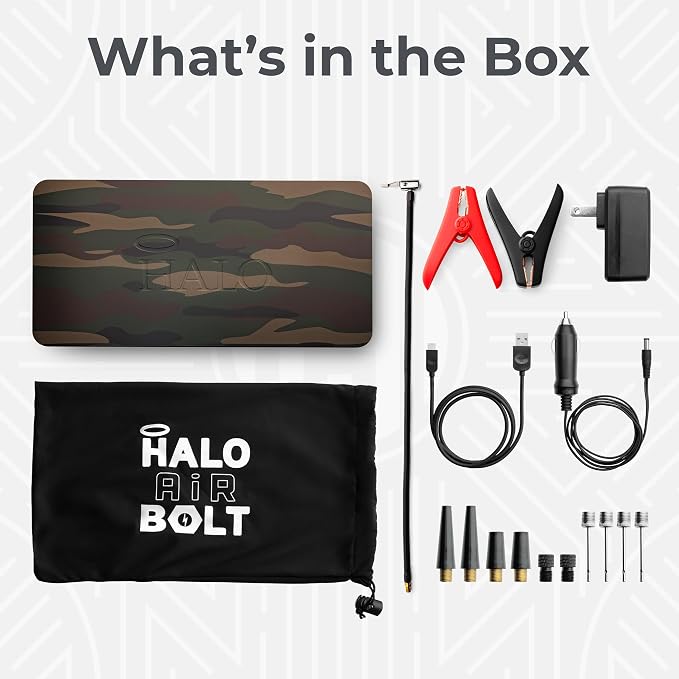 HALO Bolt Air 58830 Portable Car Battery Jump Starter | 100 PSI Air Compressor, 58.8Wh USB Power Bank, Emergency Floodlight & Charger, Jumps Cars SUVs & Trucks, Inflates Tires, TSA Approved — Camo