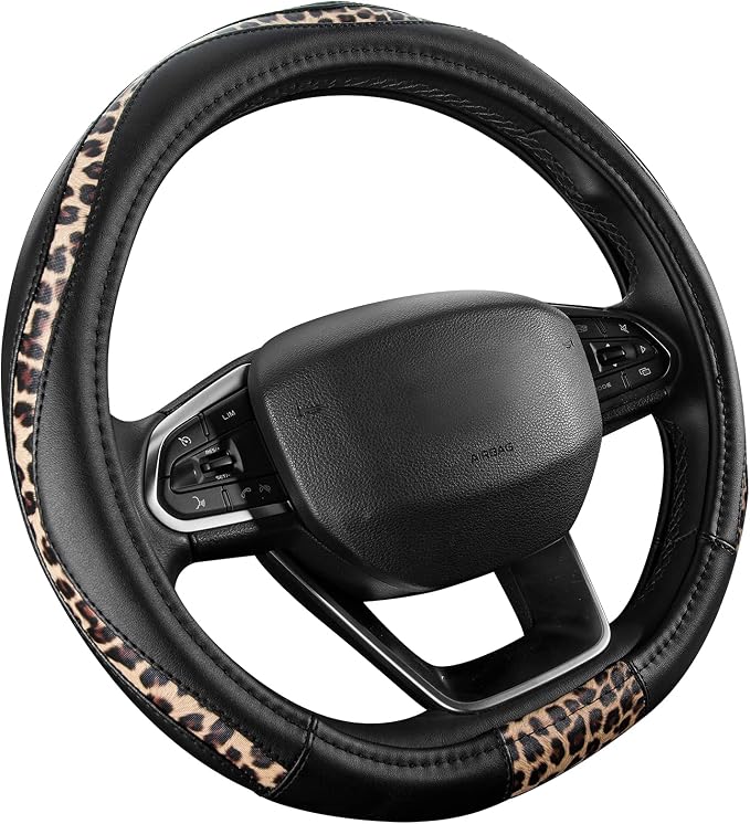 Road Comforts Steering Wheel Cover - Flat Bottom Wheel Cover Made with PVC Leather and Leopard Fabric - Universal Fit for 15-Inch D-Shaped Automotive Steering Wheels (Black Color)