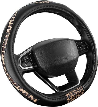 Road Comforts Steering Wheel Cover - Flat Bottom Wheel Cover Made with PVC Leather and Leopard Fabric - Universal Fit for 15-Inch D-Shaped Automotive Steering Wheels (Black Color)