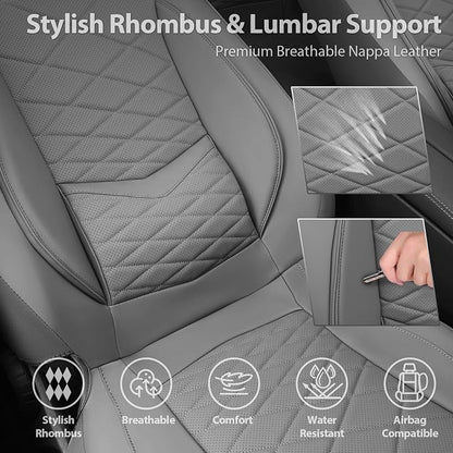 CAR PASS Luxury Nappa Leather Seat Covers Full Set, Water Resistant Faux Leather Seat Cover with Lumbar Support, Breathable Automotive Seat Covers Universal Fit for Sedan SUV Van Truck, Pure Gray