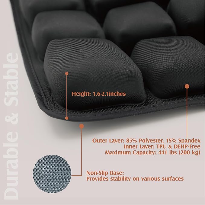 Inflatable Travel Seat Cushion with Built‑in Manual Pump, Adjustable Firmness & Compact Storage –Firm Support for Airplane, Car & Office Chairs, Large Generous Fit 18x16x2.1", Carry Bag Included
