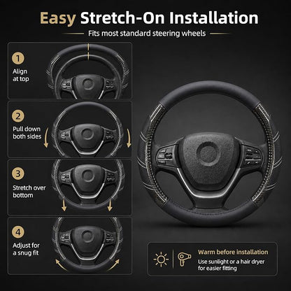 Elantrip Sport Leather Steering Wheel Cover 14 1/2 inch to 15 inch Universal, Padded Soft Grip Breathable for Car Truck SUV Jeep, Anti Slip Odorless Carbon Fiber Black